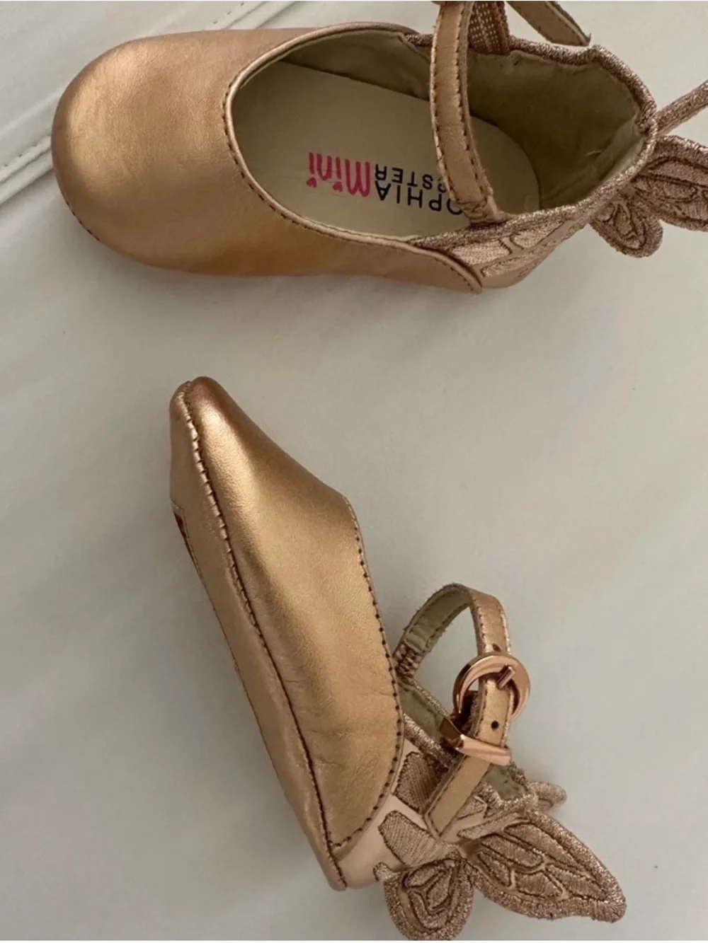Sophia Webster Mini Rose Gold Mary Jane Shoes with Fairy Wing Bows